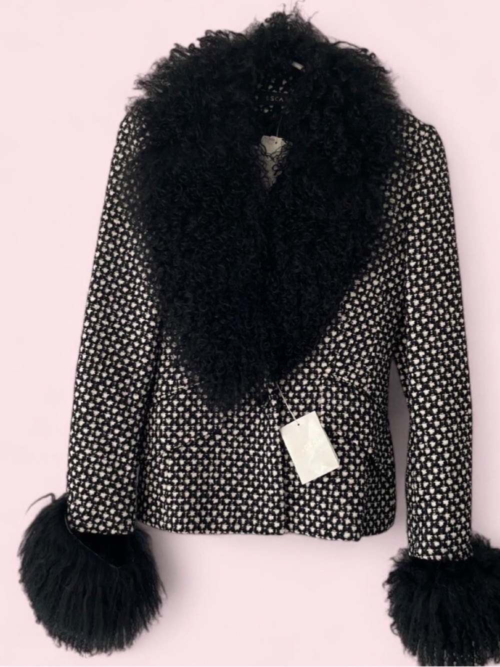 Escada Black & White Patterned Pea Coat with Faux Fur Trim - Picture 2 of 5